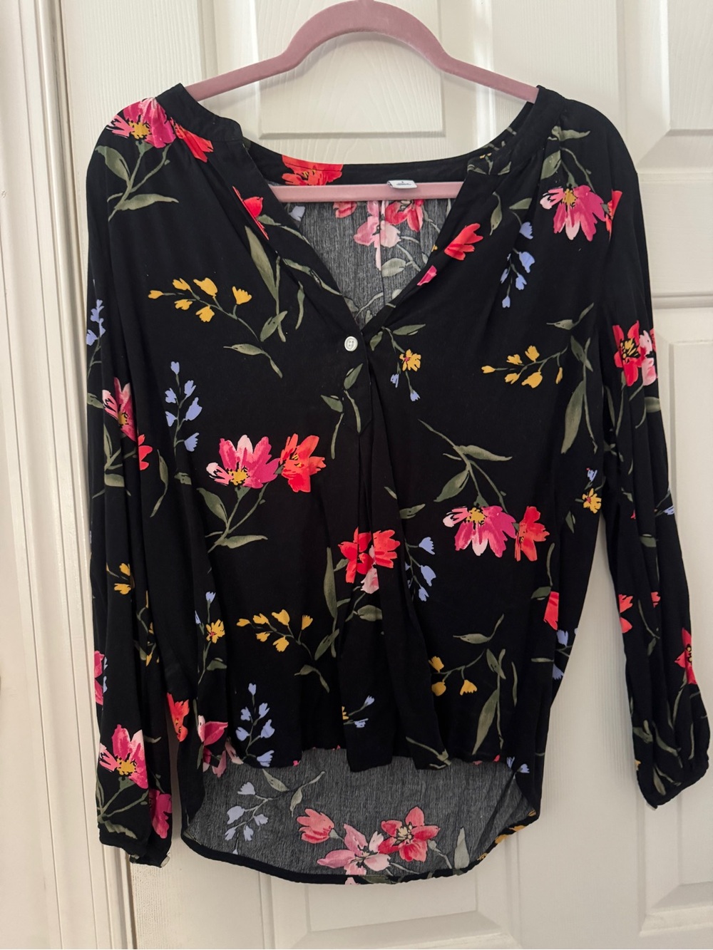 Old Navy Black Floral Button-Front Blouse with Pink and Yellow Blooms